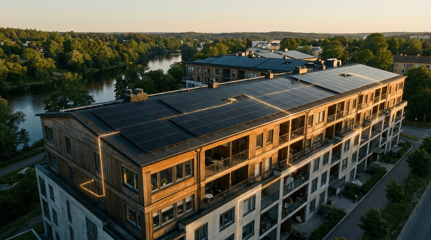 Luftaufnahme eines Wohngebäudes mit Solarmodulen auf dem Dach