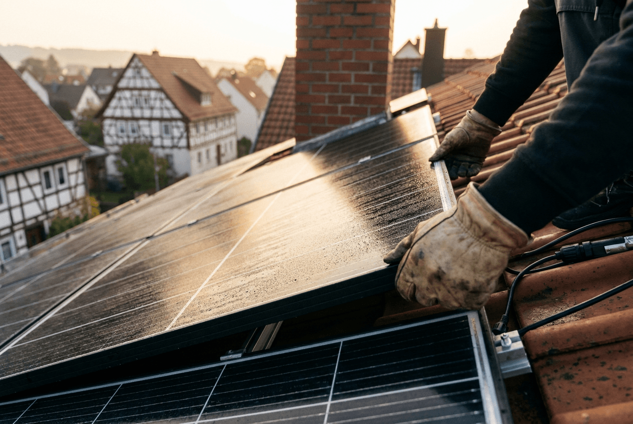 Schwarze Solarmodule auf dem Dach eines Mehrfamilienhauses, montiert vom Fachbetrieb