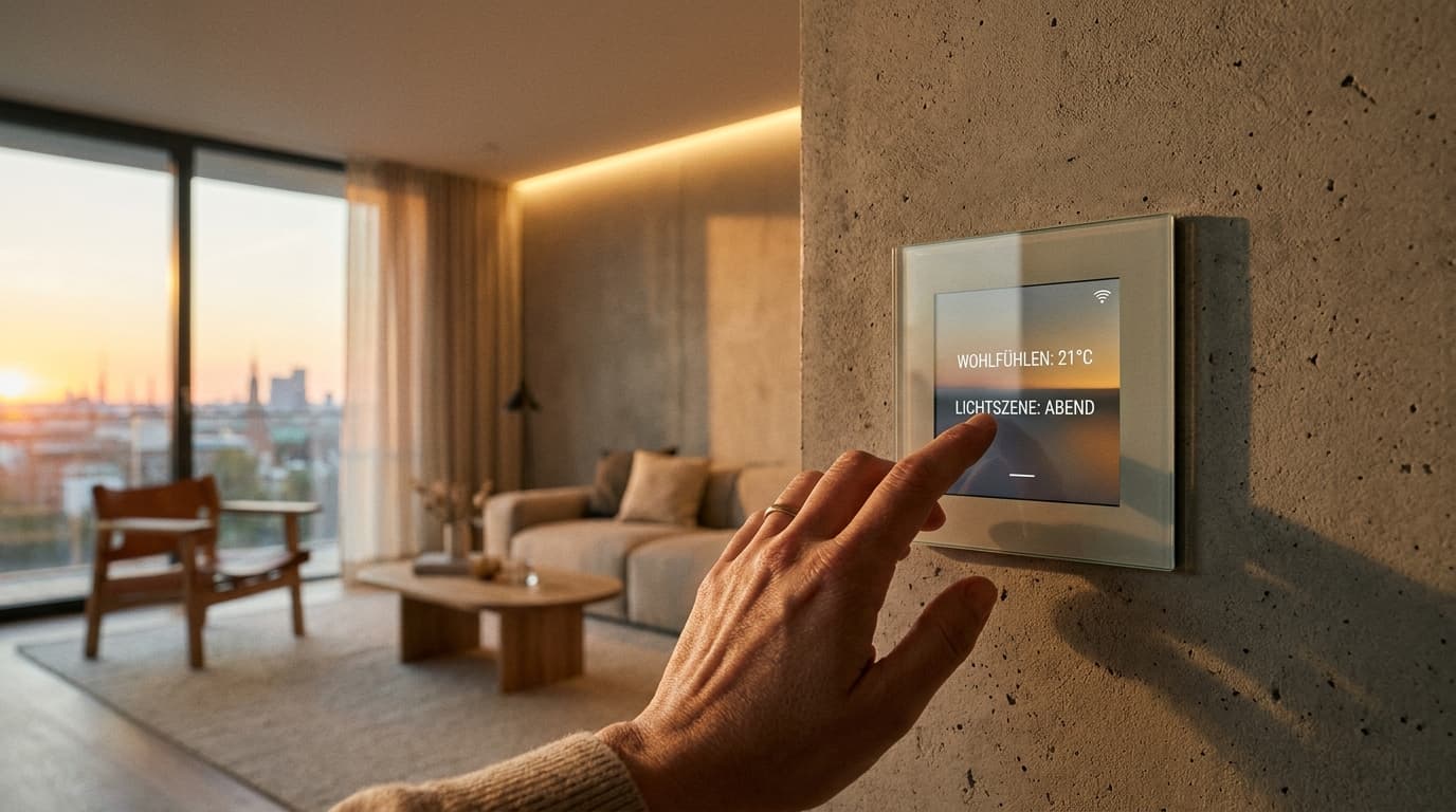 Wandbedienfeld für die Haussteuerung in einem modernen Wohnraum