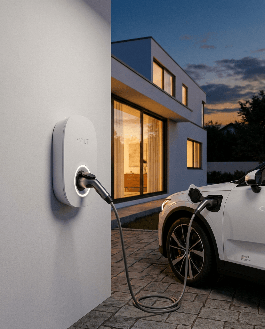 Weiße Wallbox an einer Hauswand mit eingestecktem Ladekabel